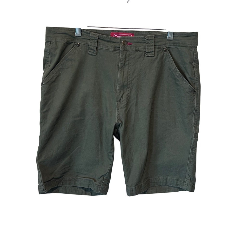 Coleman Olive Green Canvas Utility Shorts Size 34 Stretch Cotton Outdoor READ